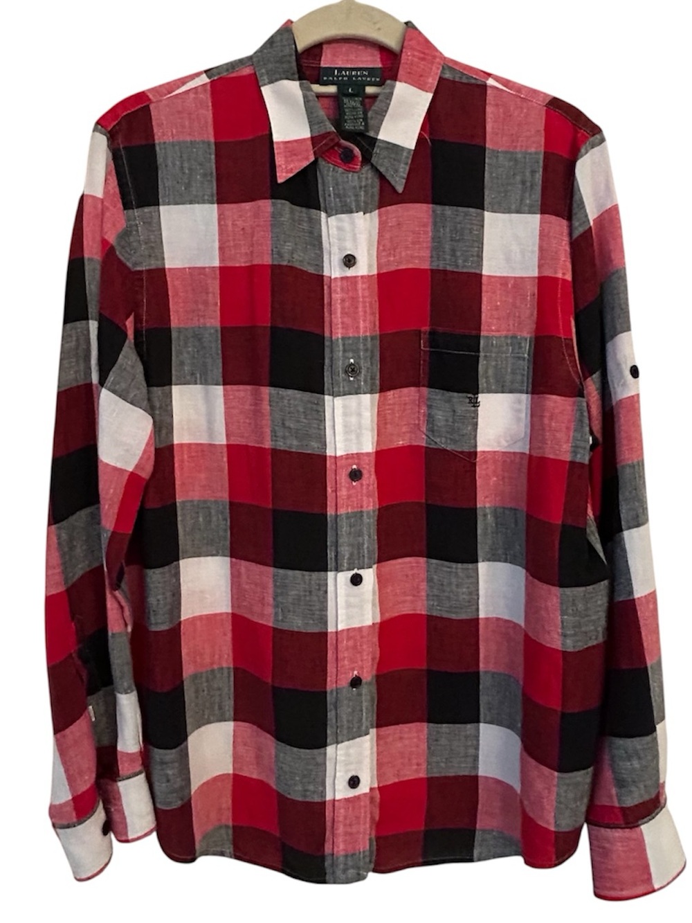 Lauren Ralph Lauren Red Plaid Linen Button-Up Shirt Size Large